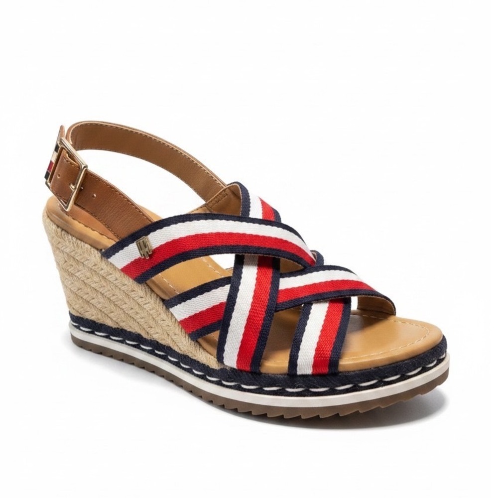 Tommy Hilfiger Twyvette Wedge Sandals 10M Red White Blue Striped Nautical Preppy
